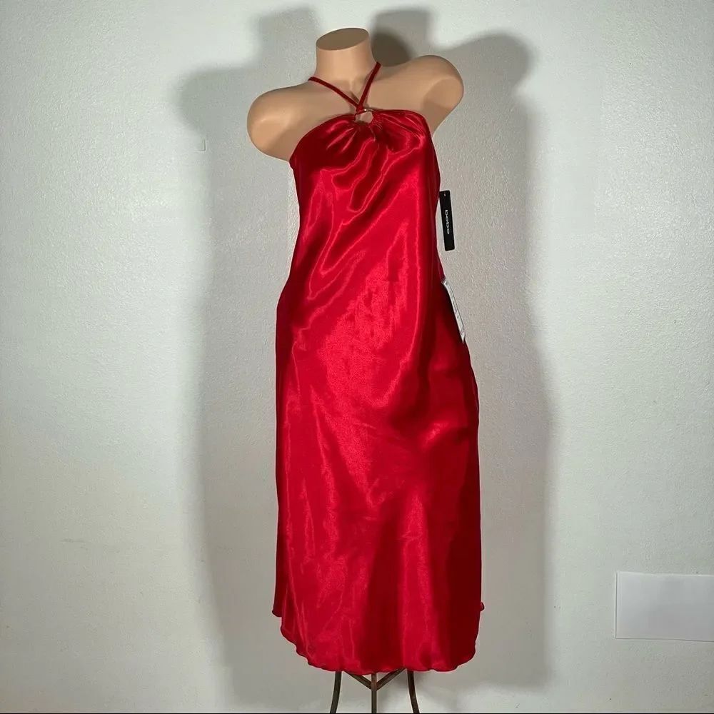 NWT bebe Red Satin Halter Sexy & Classy Keyhole Gold Hardware Maxi Slip Dress